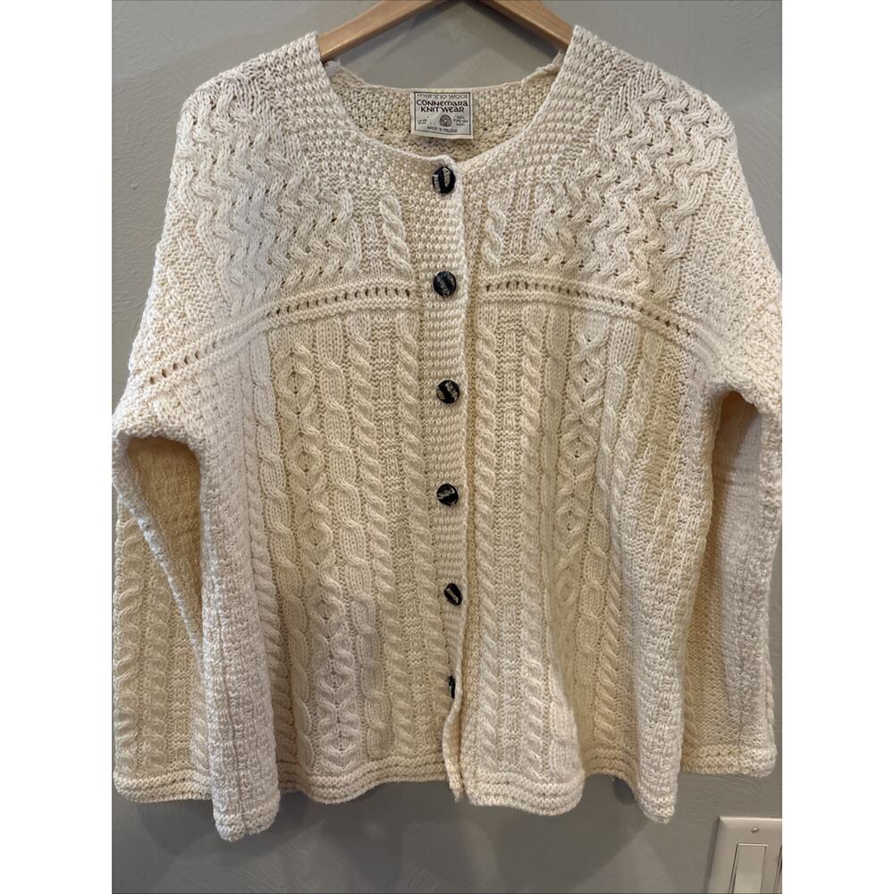 Connemara Sweater Womens M Off White 💯 Merino Wool Fisherman Cable Knit Irish